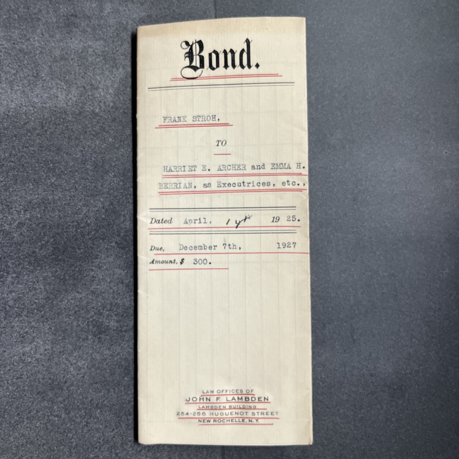 SIGNED STAMPED SEALED Legal BOND Document 1921 NEW ROCHELLE NY Armenian LAMBDEN