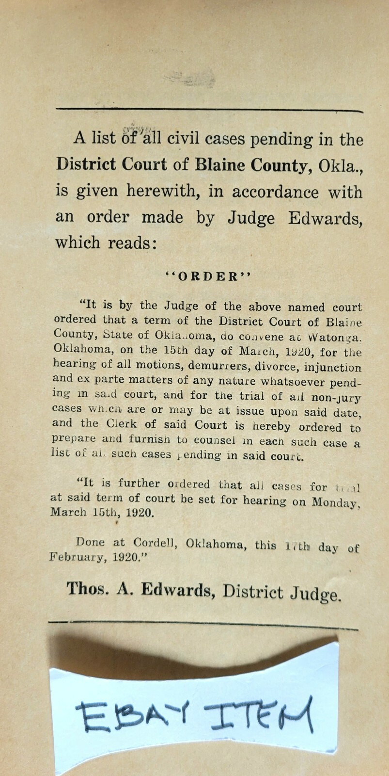 1920 BLAINE COUNTY OK. COURT CALENDAR THOMAS A. EDWARDS DISTRICT JUDGE