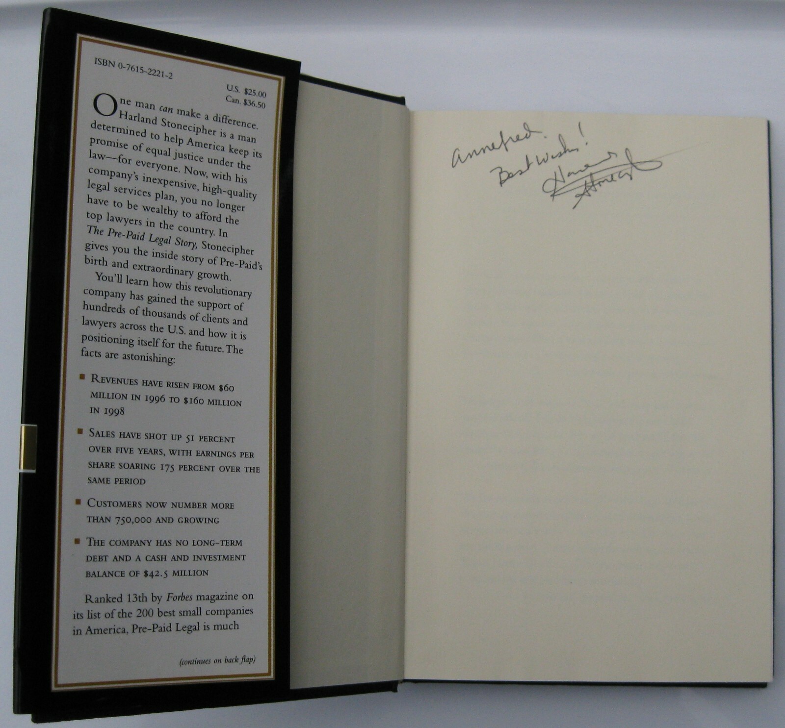 The Pre-Paid Legal Story by Harland Stonecipher (Autographed by Harland)