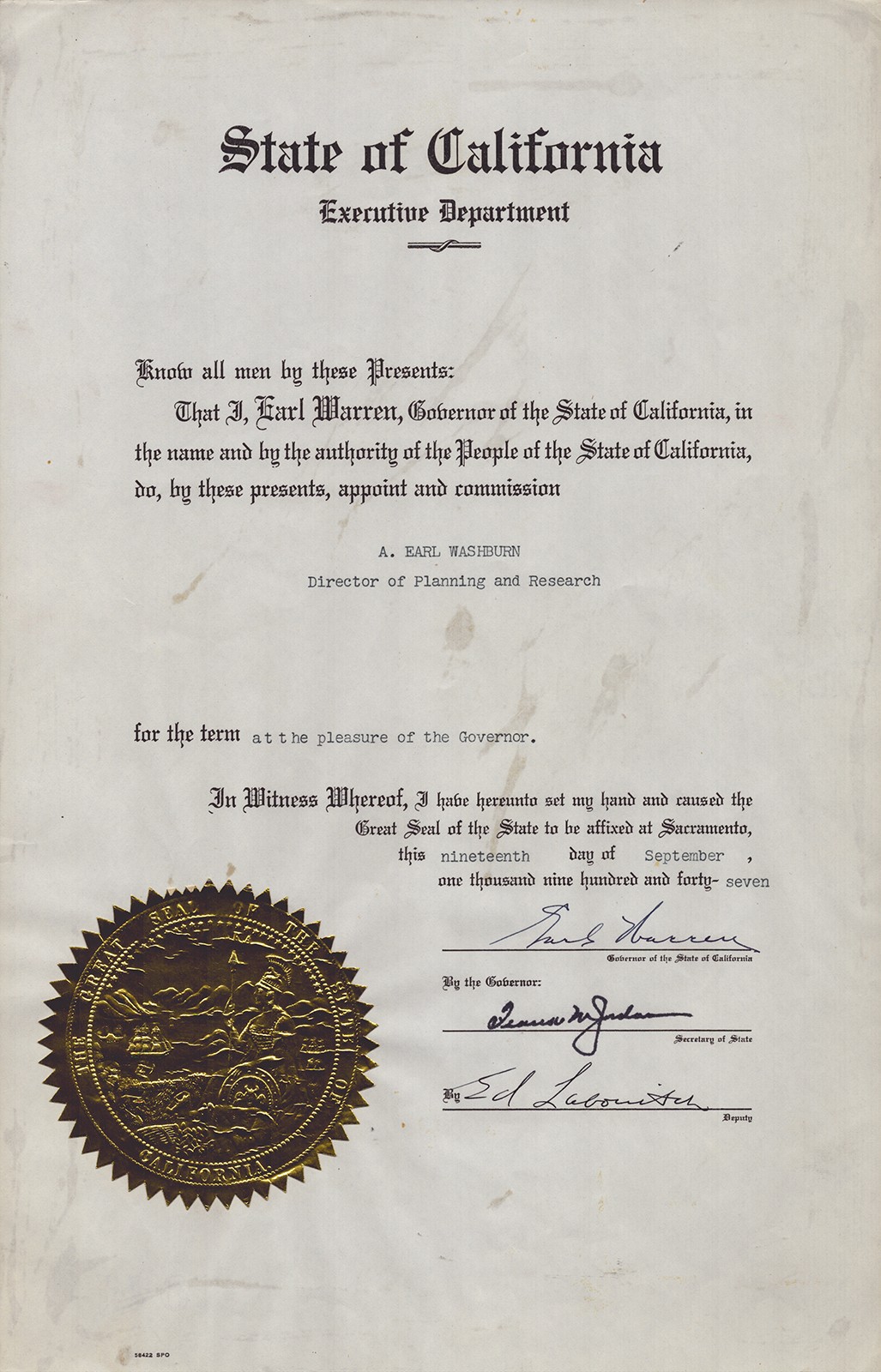EARL WARREN – CIVIL APPOINTMENT SIGNED 09/19/1947 CO-SIGNED BY: FRANK M. JORDAN