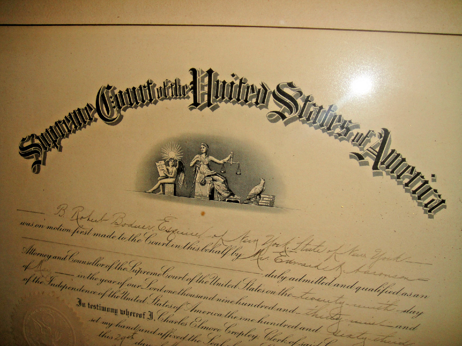 Antique U.S. Supreme Court Appointment Document New York 1930’S RARE Borduer