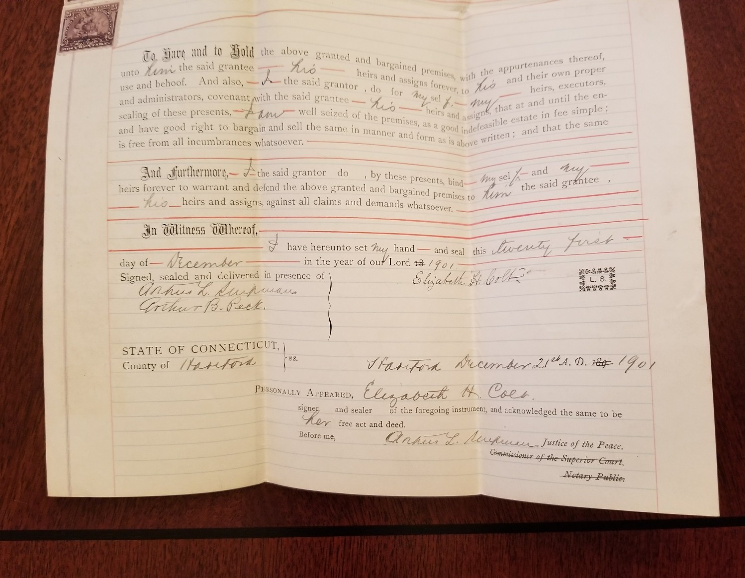 Elizabeth Hart Jarvis Colt Armory HARTFORD Ct C1901 HISTORIC Antique Deed