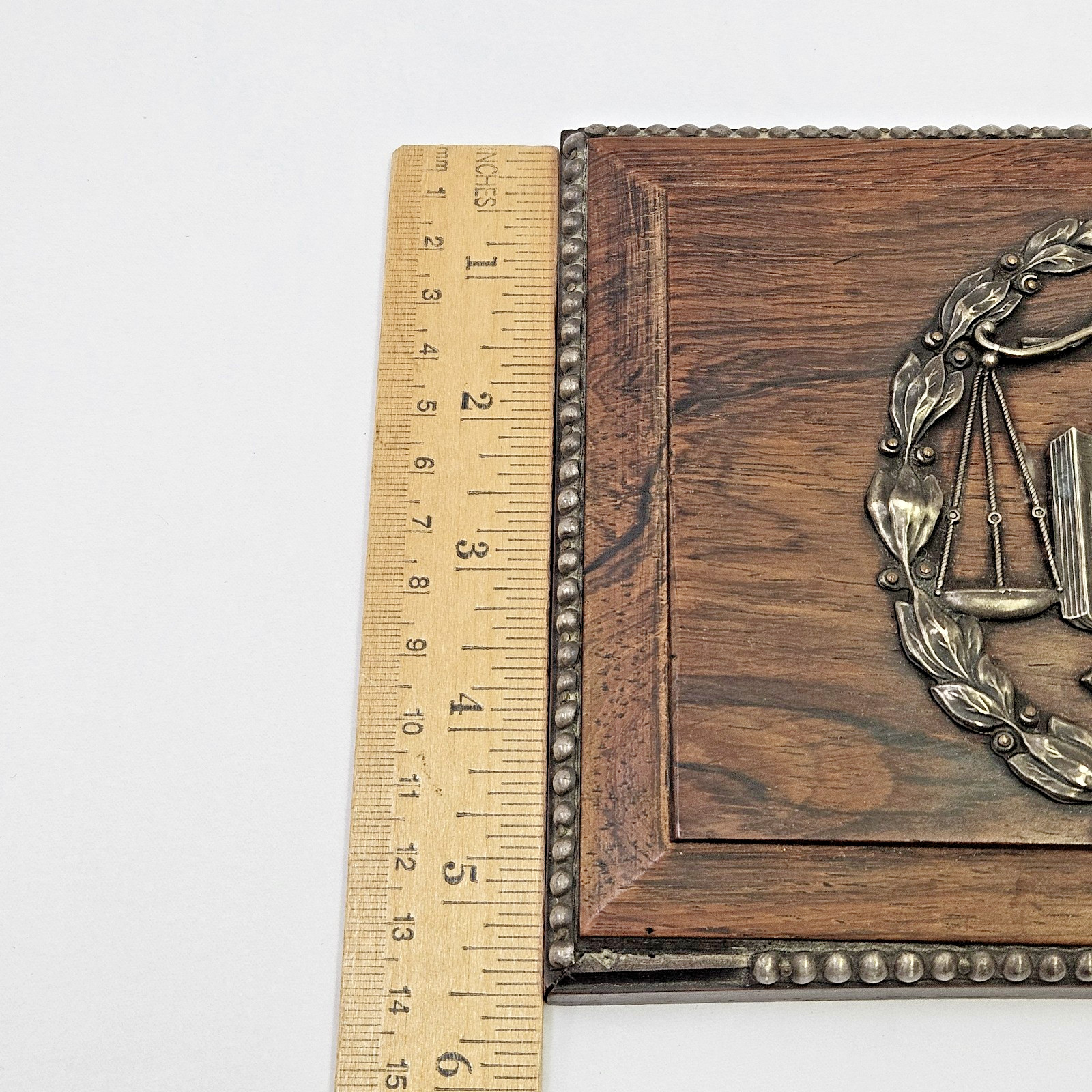 Reclaimed Antique LEX Judge Legal Law Justice Scales Box Lid Wood Silverplate