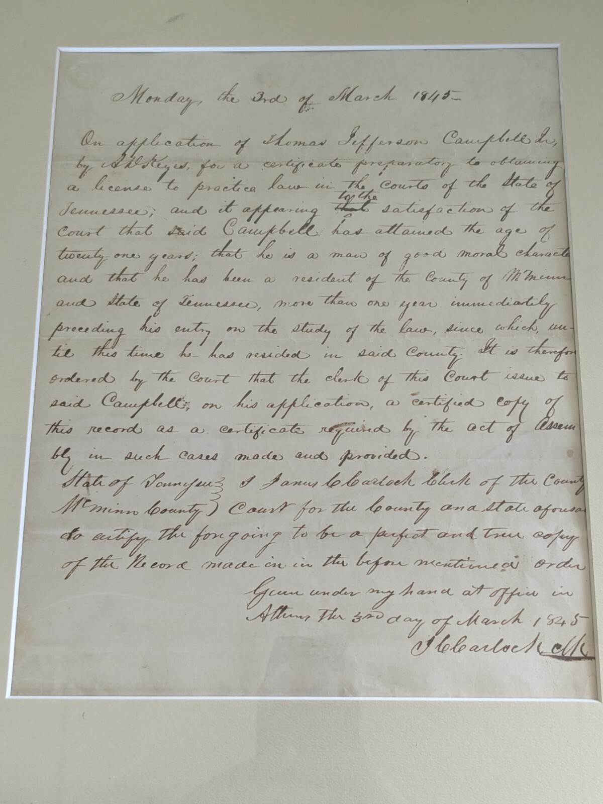 1845 Thomas Jefferson Campbell Handwritten Lawyer Authorization Papers Antique