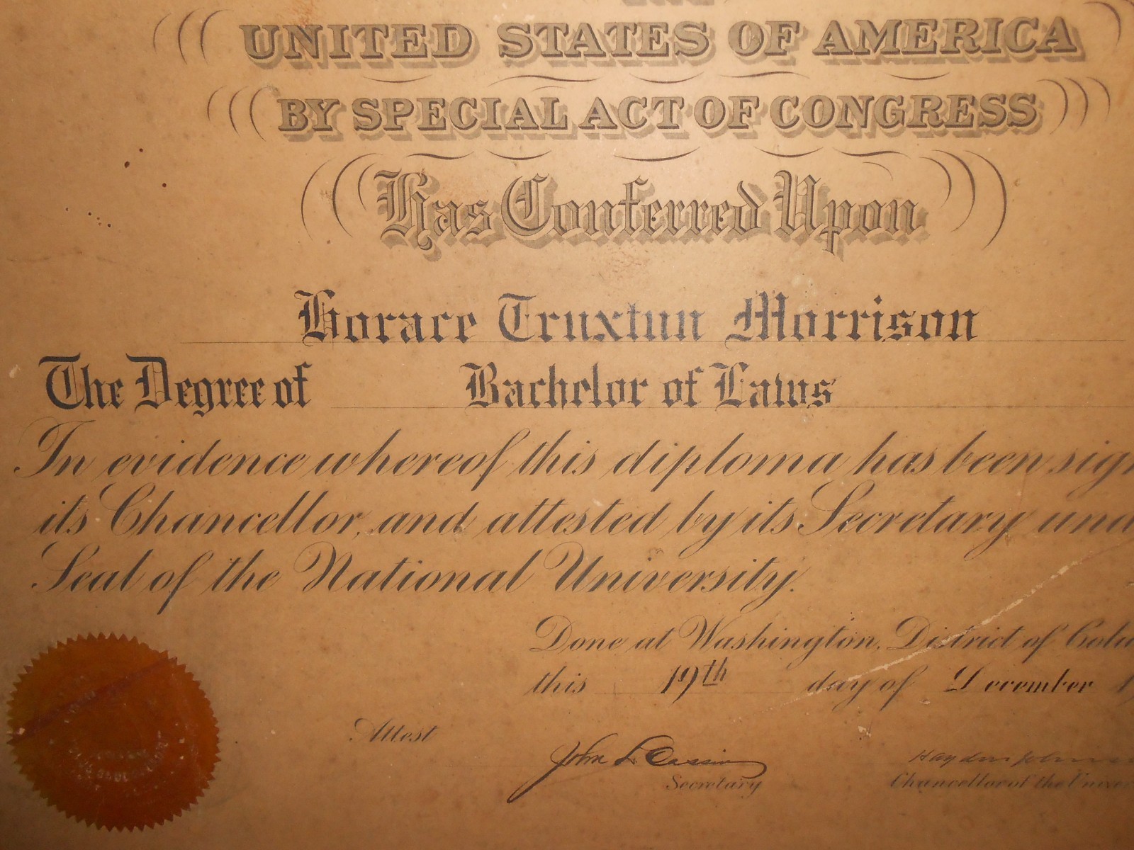 Antique Vintage 1931 NATIONAL UNIVERSITY LAW DEGREE Horace Truxton Morrison