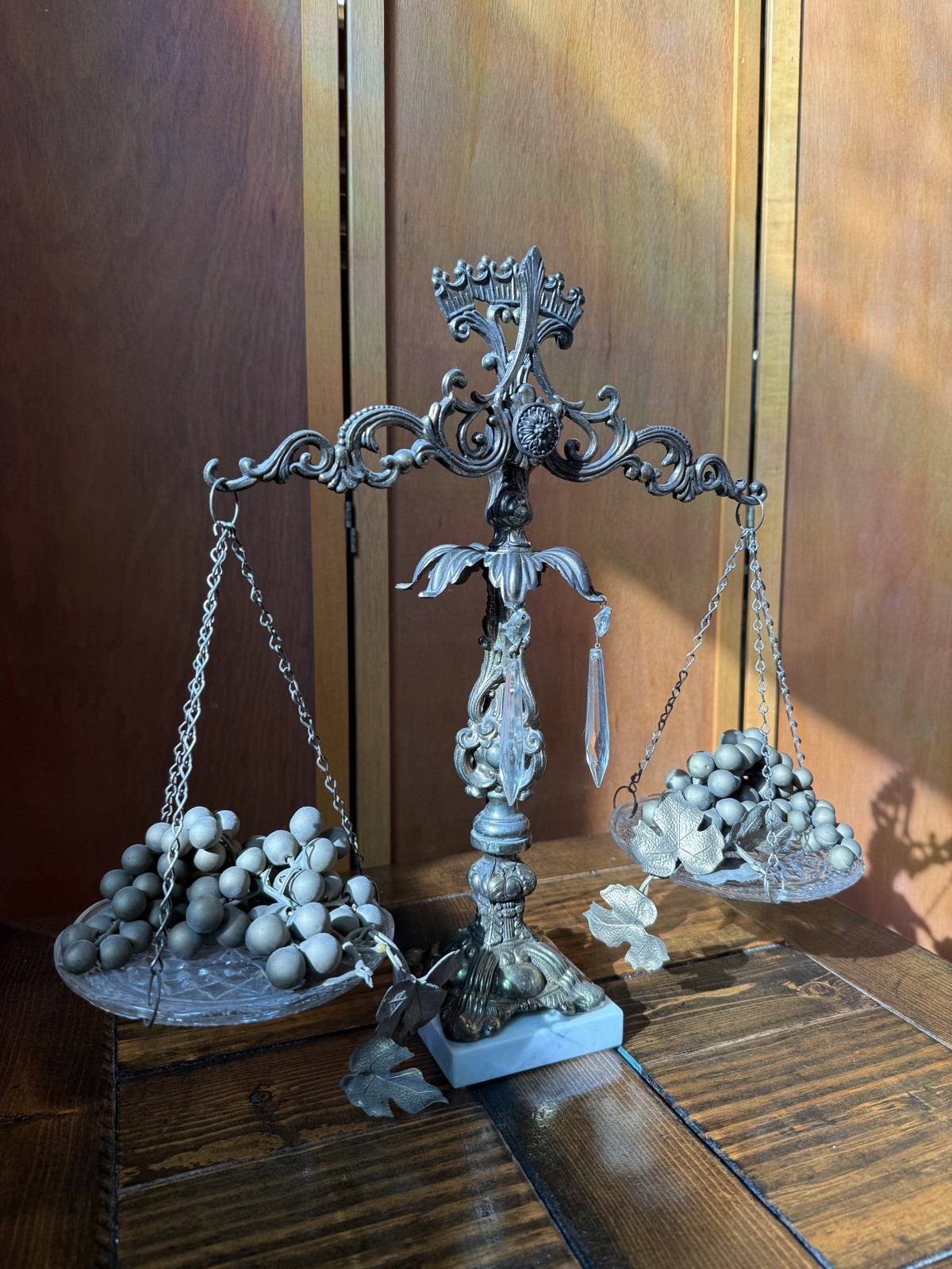Vintage Ornate Brass Balance Scale w/ Marble Base & Crystal Accents Decor