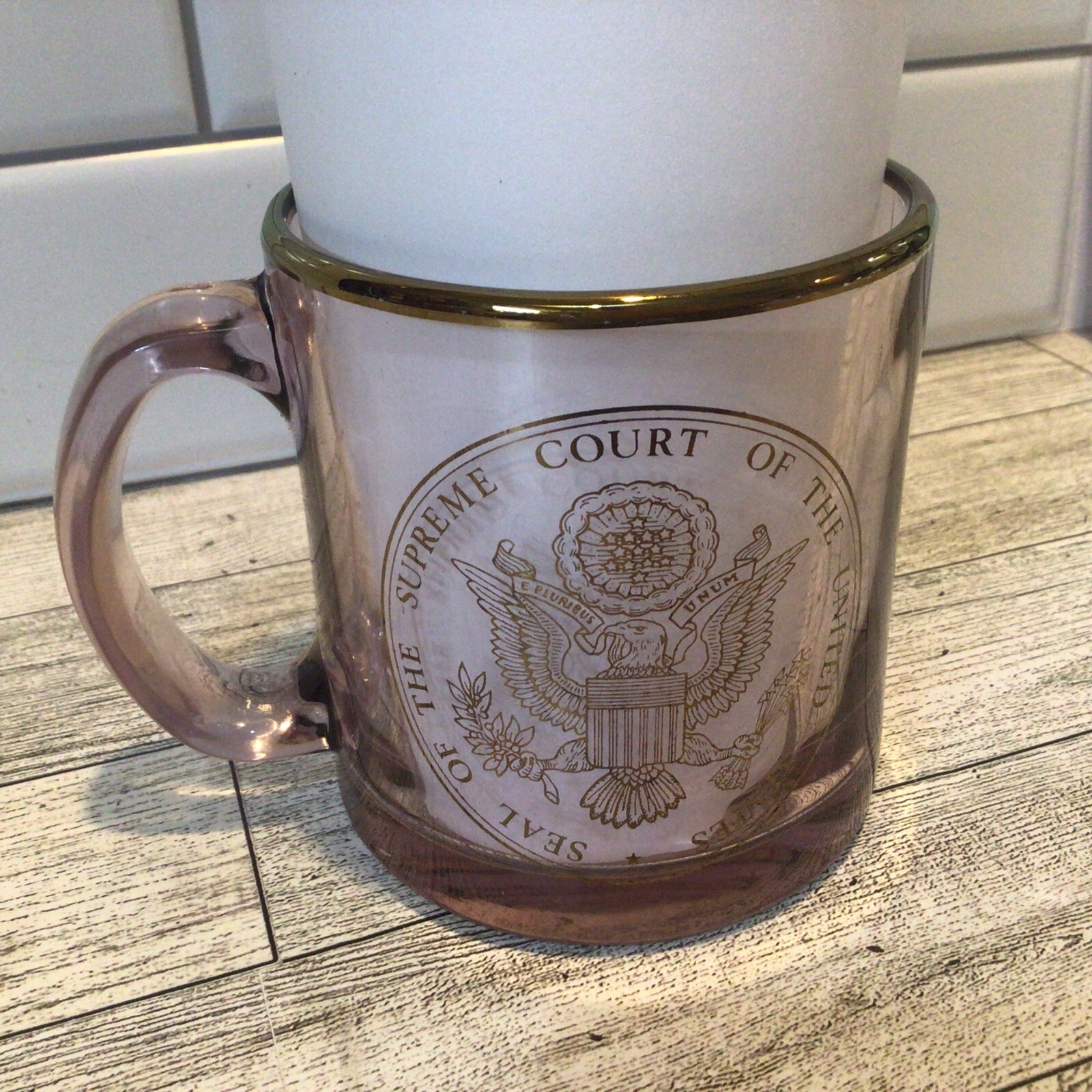 Supreme Court Of The United States Clear Pink GLASS Coffee Mug Gold Trim USA