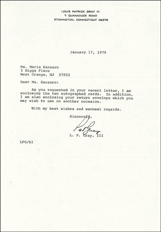 L. PATRICK GRAY III – TYPED LETTER SIGNED 01/17/1979