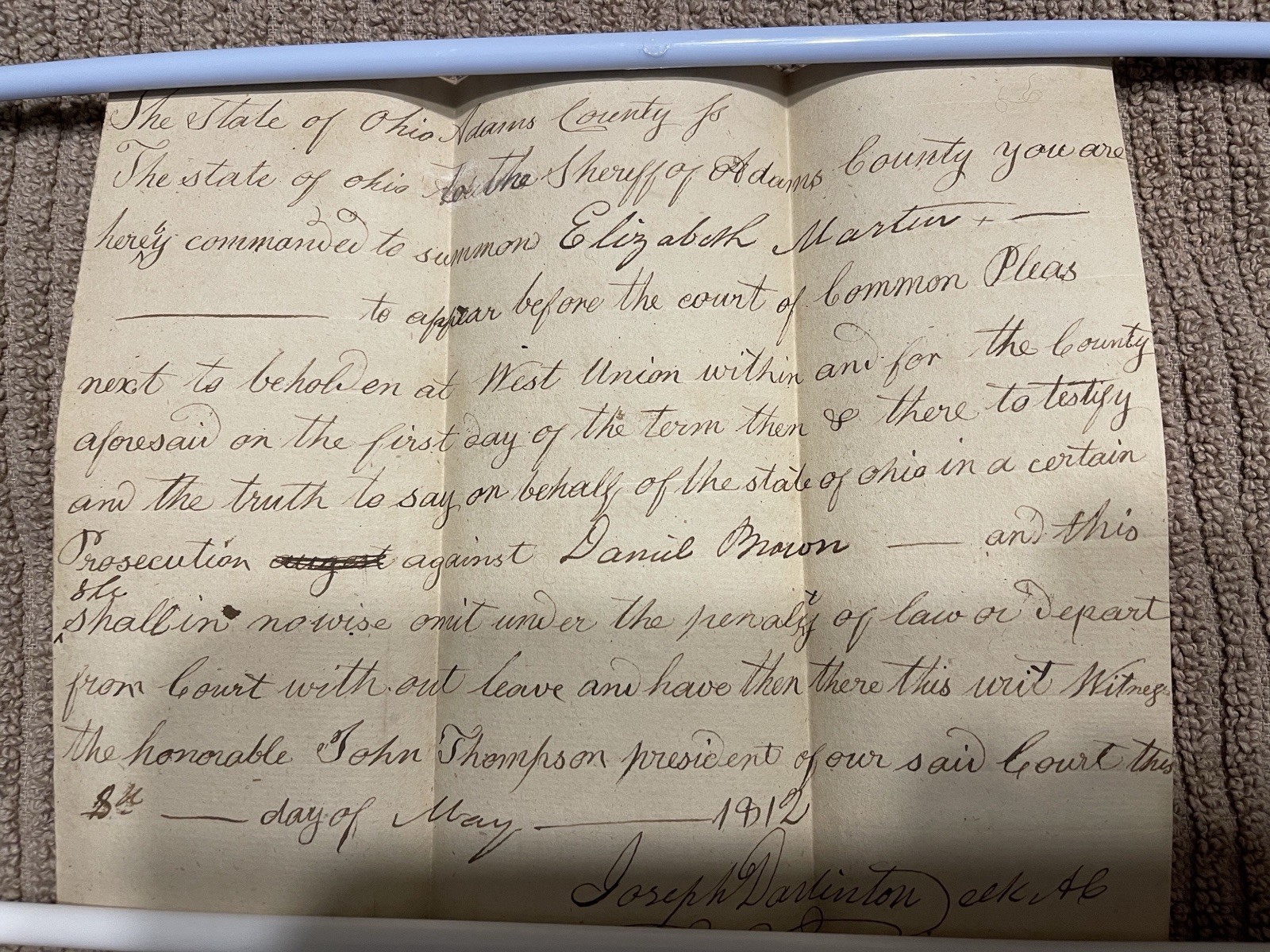 1812 Adams County Ohio Sheriff Court Summons Joseph Darlinton Signature Document