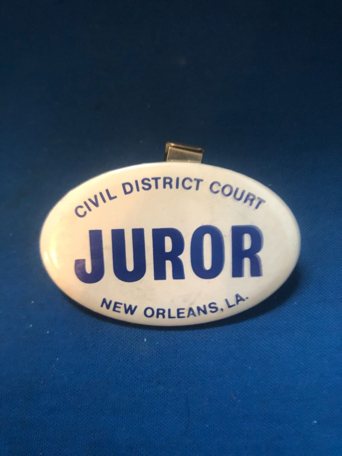 New Orleans Louisiana Juror Civil District Court Button Pin Vintage Blue White