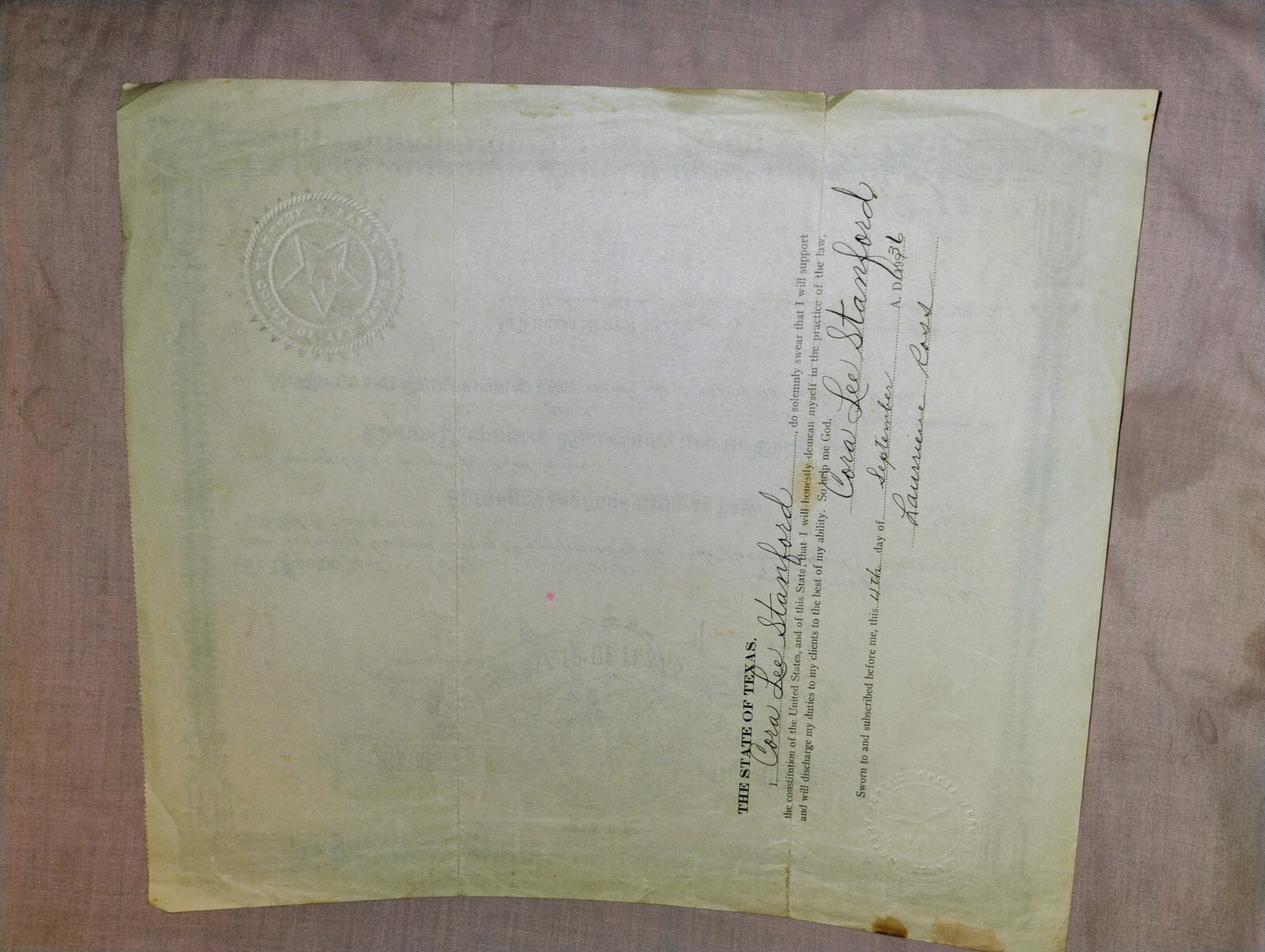 Original 1936 Supreme Court Of Texas State Bar Certificate w SEAL w Signatures