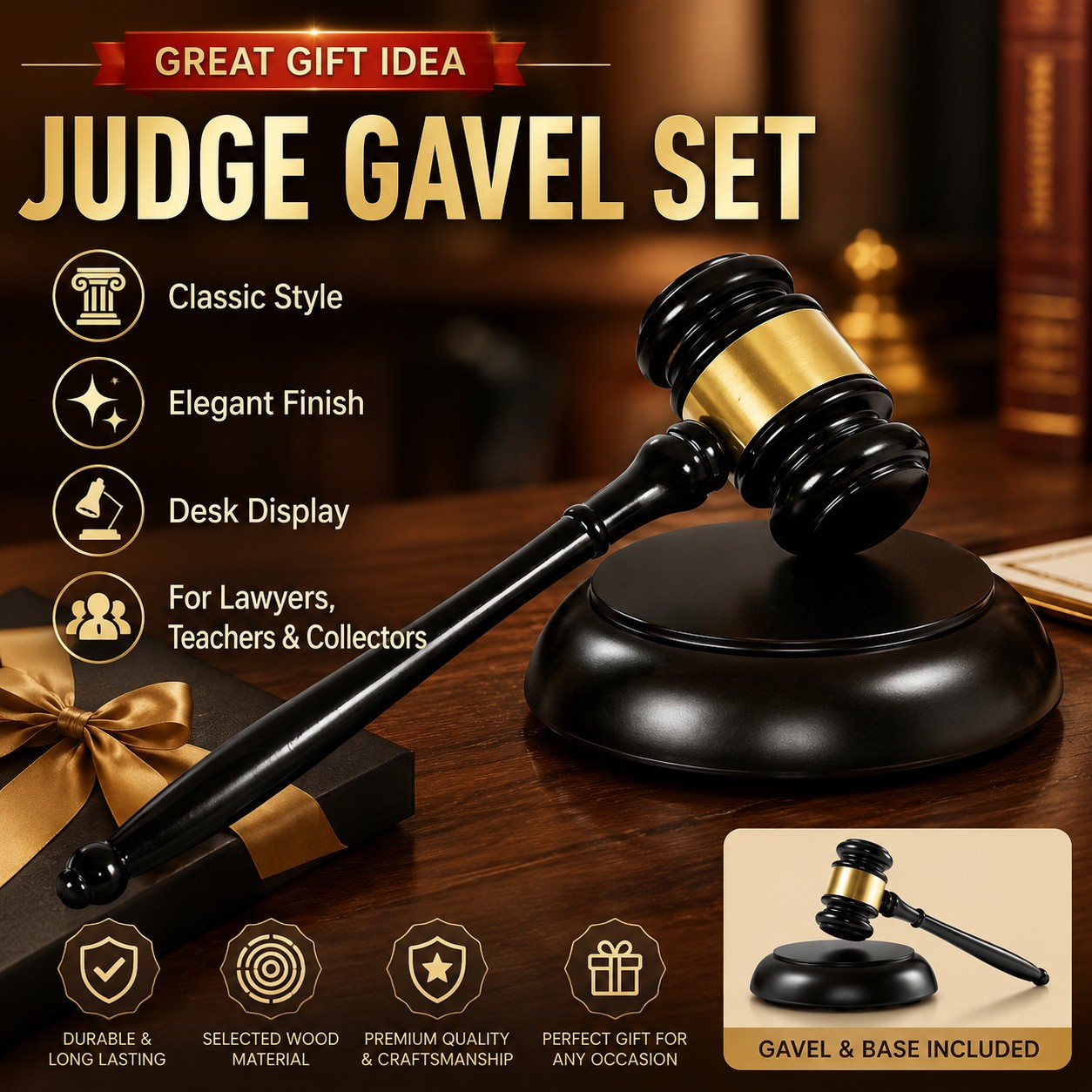Wooden Judge Hammer Gavel with Round Sound Block for Auction Court Office Use