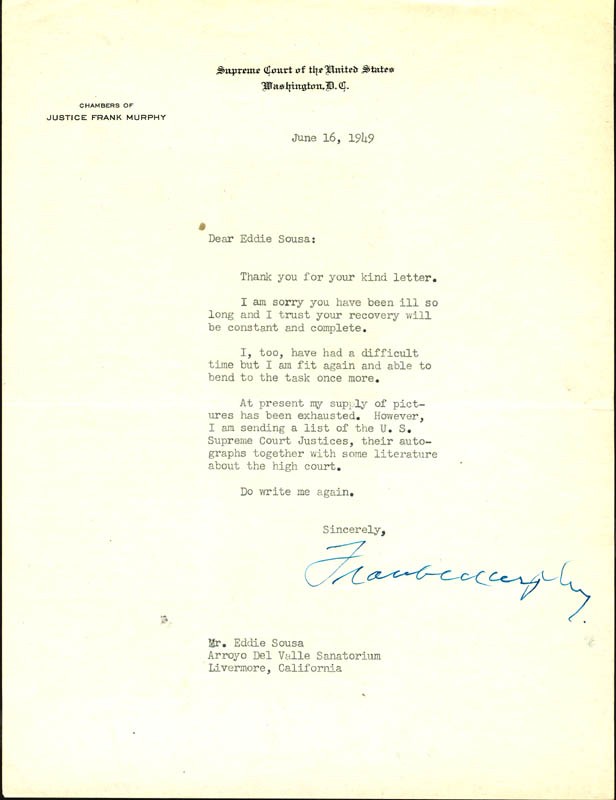 FRANK MURPHY – TYPED LETTER SIGNED 06/16/1949