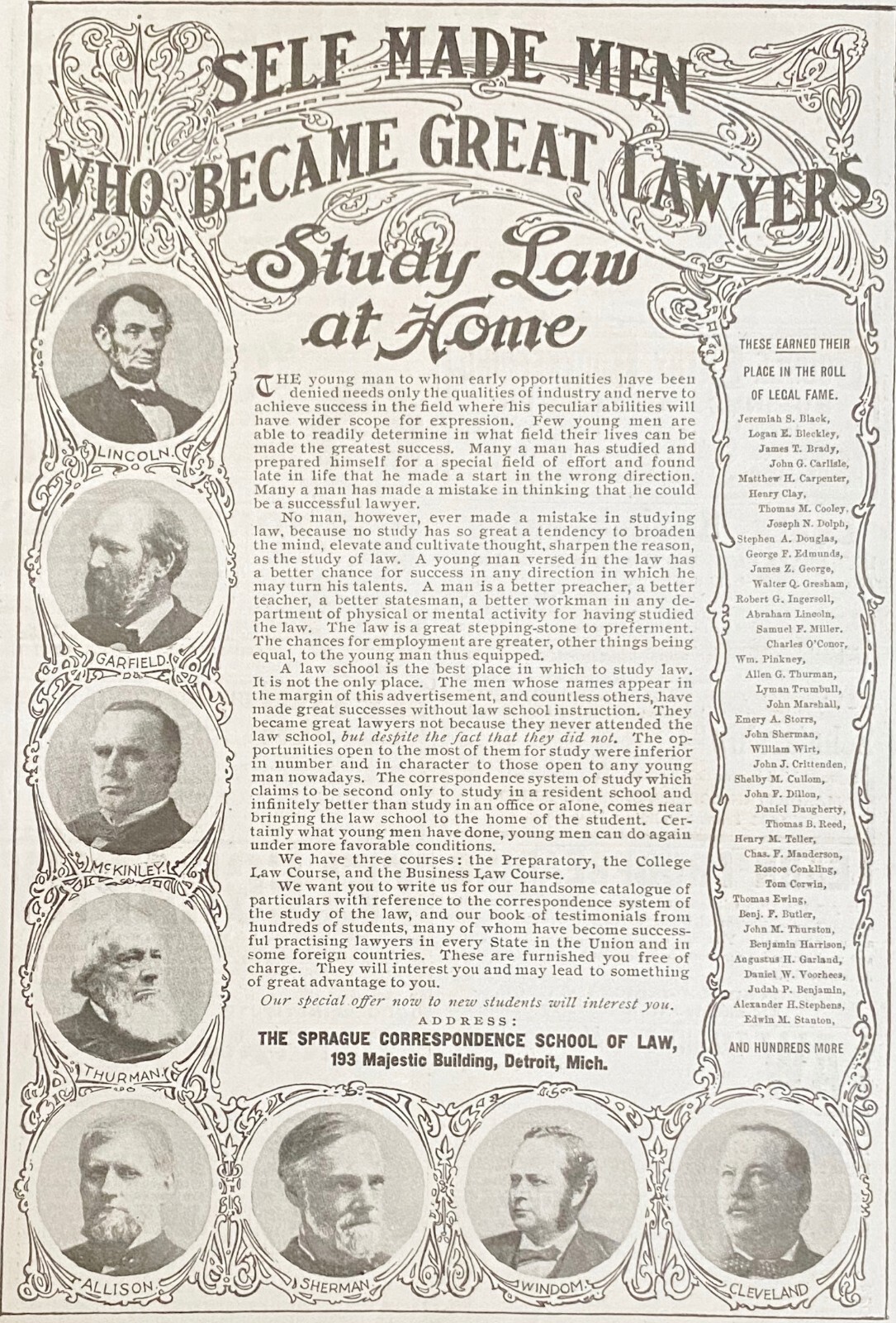 SPRAGUE LAW SCHOOL c1901 Photo Print Ad w/US President Lawyers Lincoln McKinley+