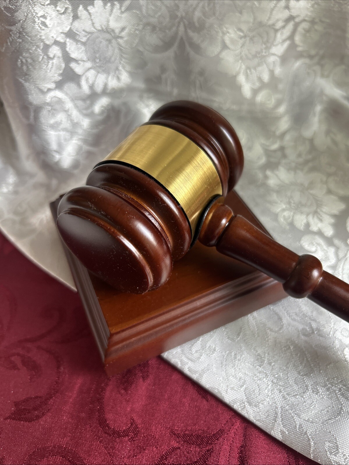 Gold Tone Banded Wood Gavel and Square Sound Block Set – Dark Wooden Gavel