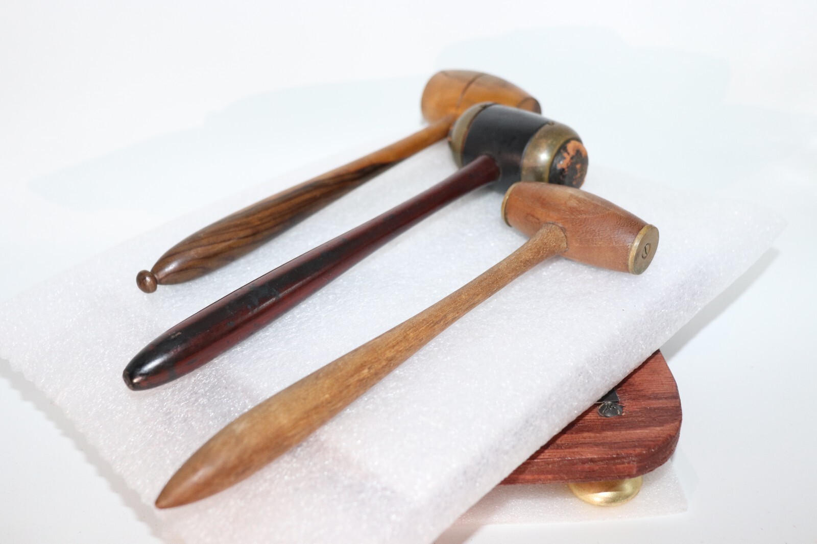 Antique Auctioneers Turned Wood Gavel Lot of 3 Brass, Leather, Wood