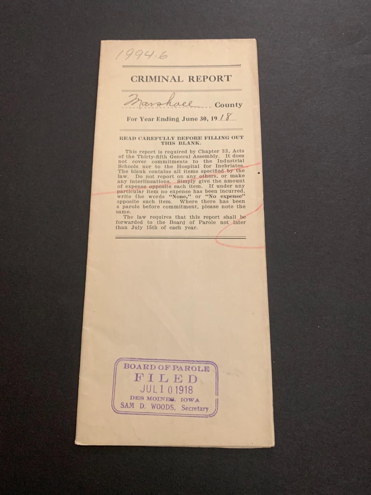 June 30 1918 Criminal Report Marshall County Iowa