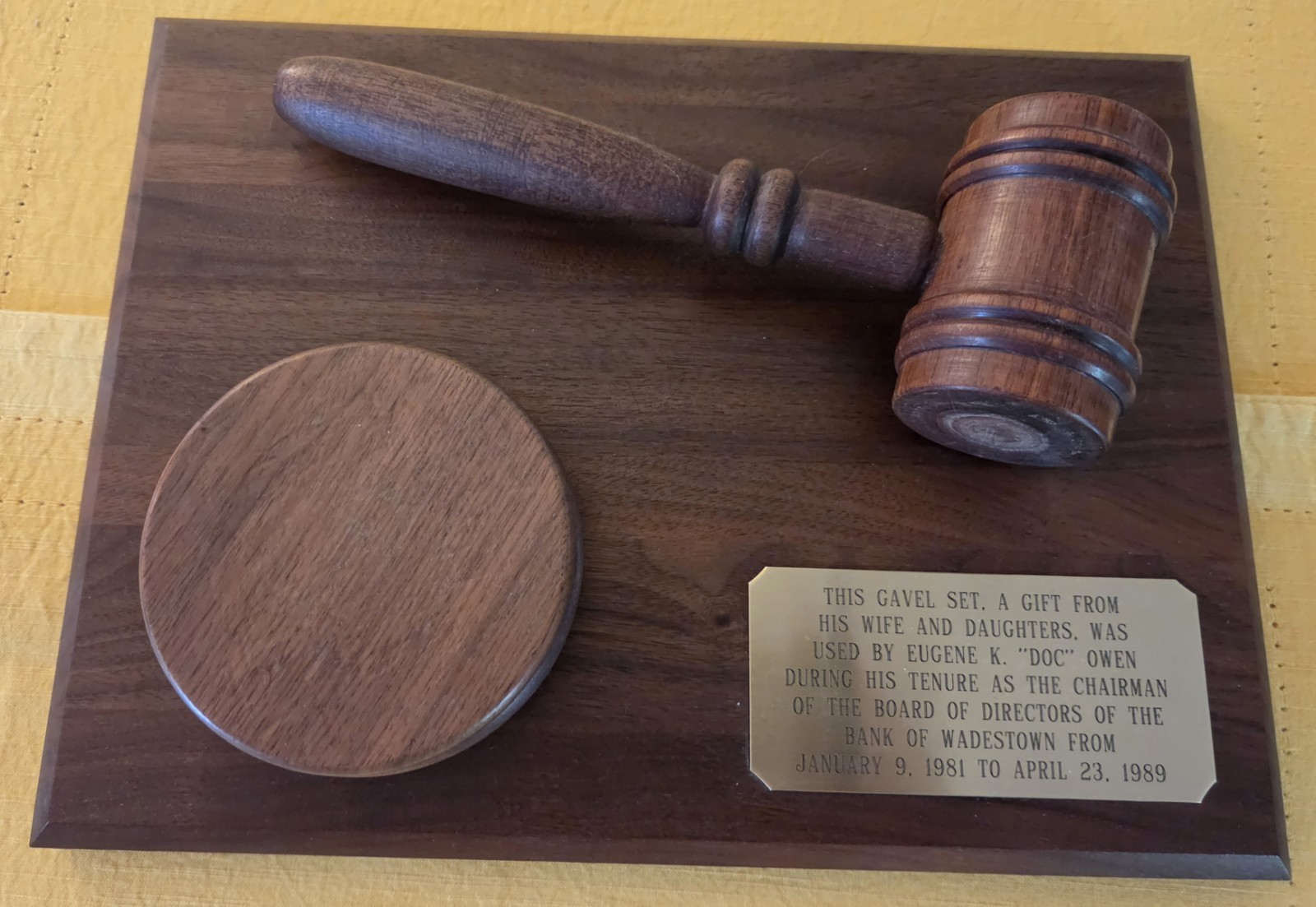 Commemorative Gavel Set On Wooden Plaque
