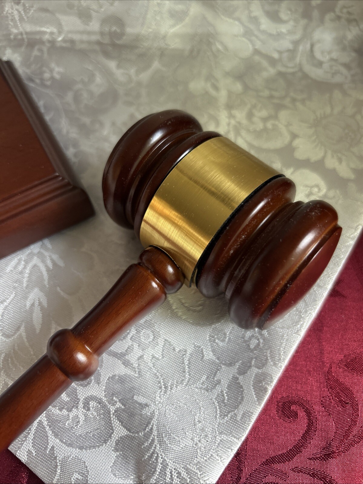 Gold Tone Banded Wood Gavel and Square Sound Block Set – Dark Wooden Gavel