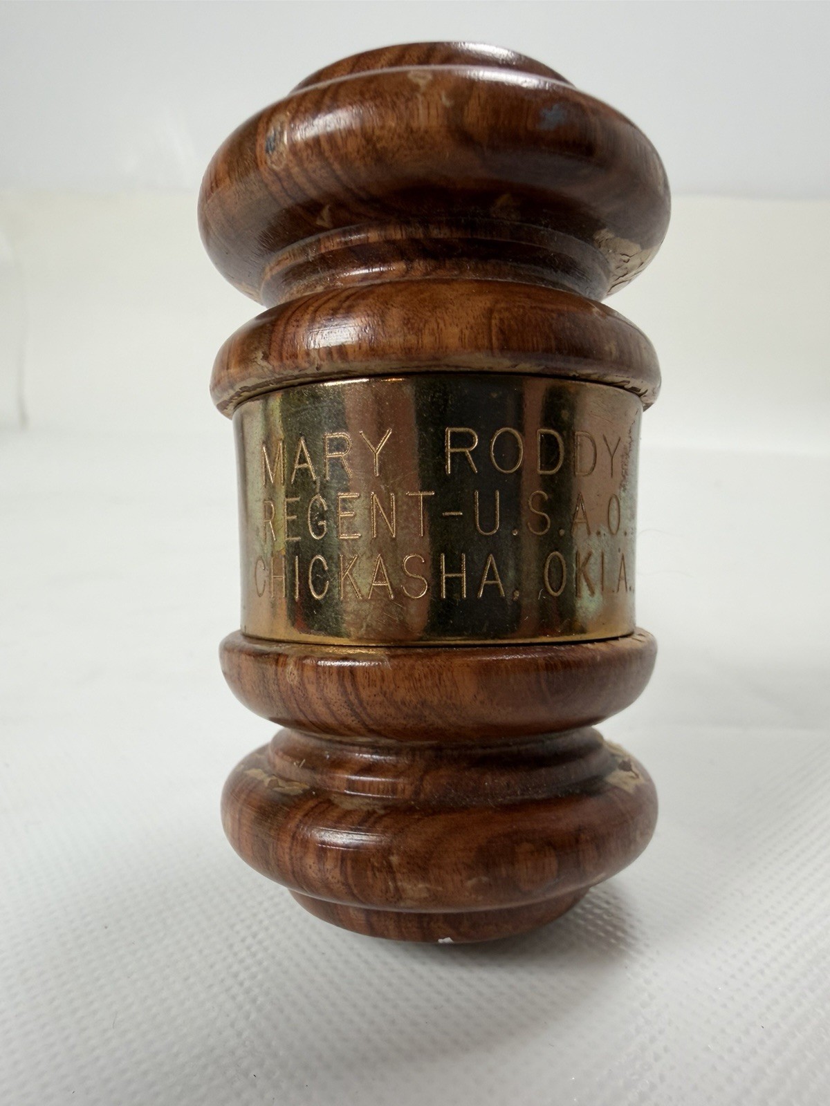 Vintage Judge Gavel Wood Brass Engraved Mary Roddy Chickasha Oklahoma USAO 10in