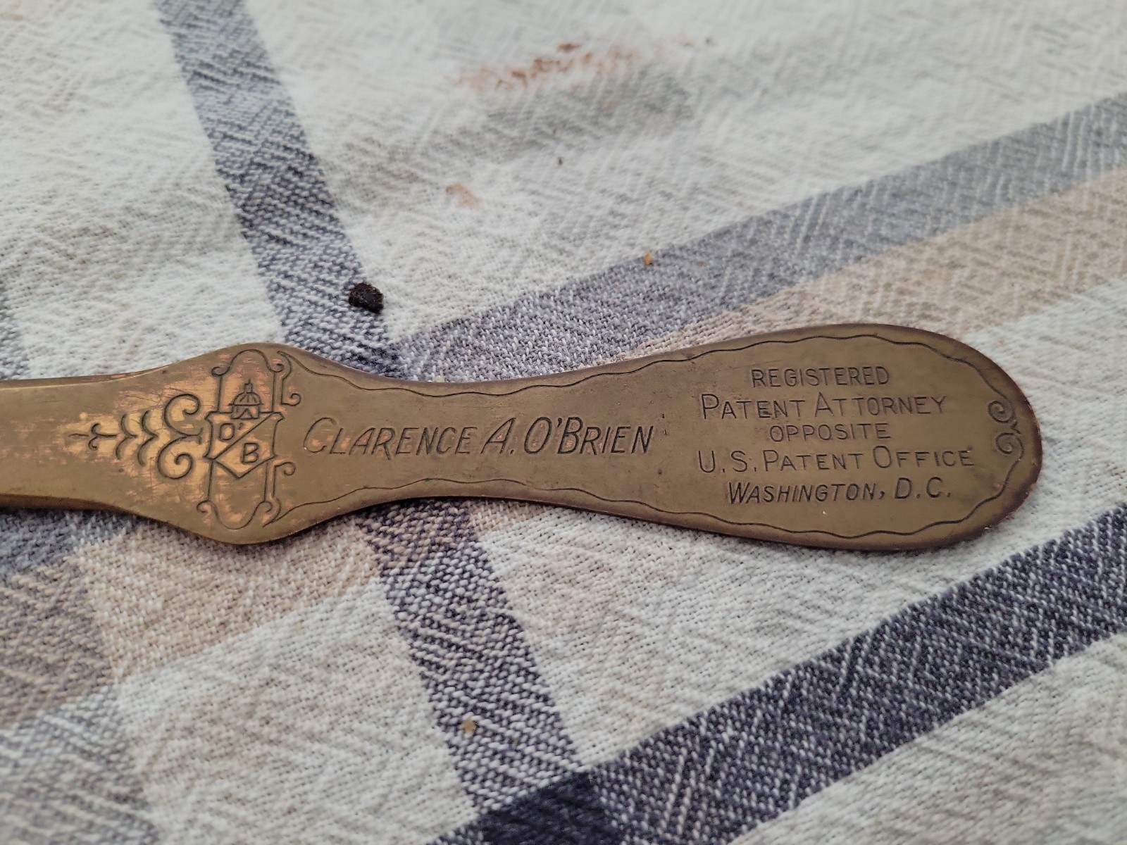 Bronze Letter Opener Clarence O’Brien, Patent Attorney Author, Active 1924-1943