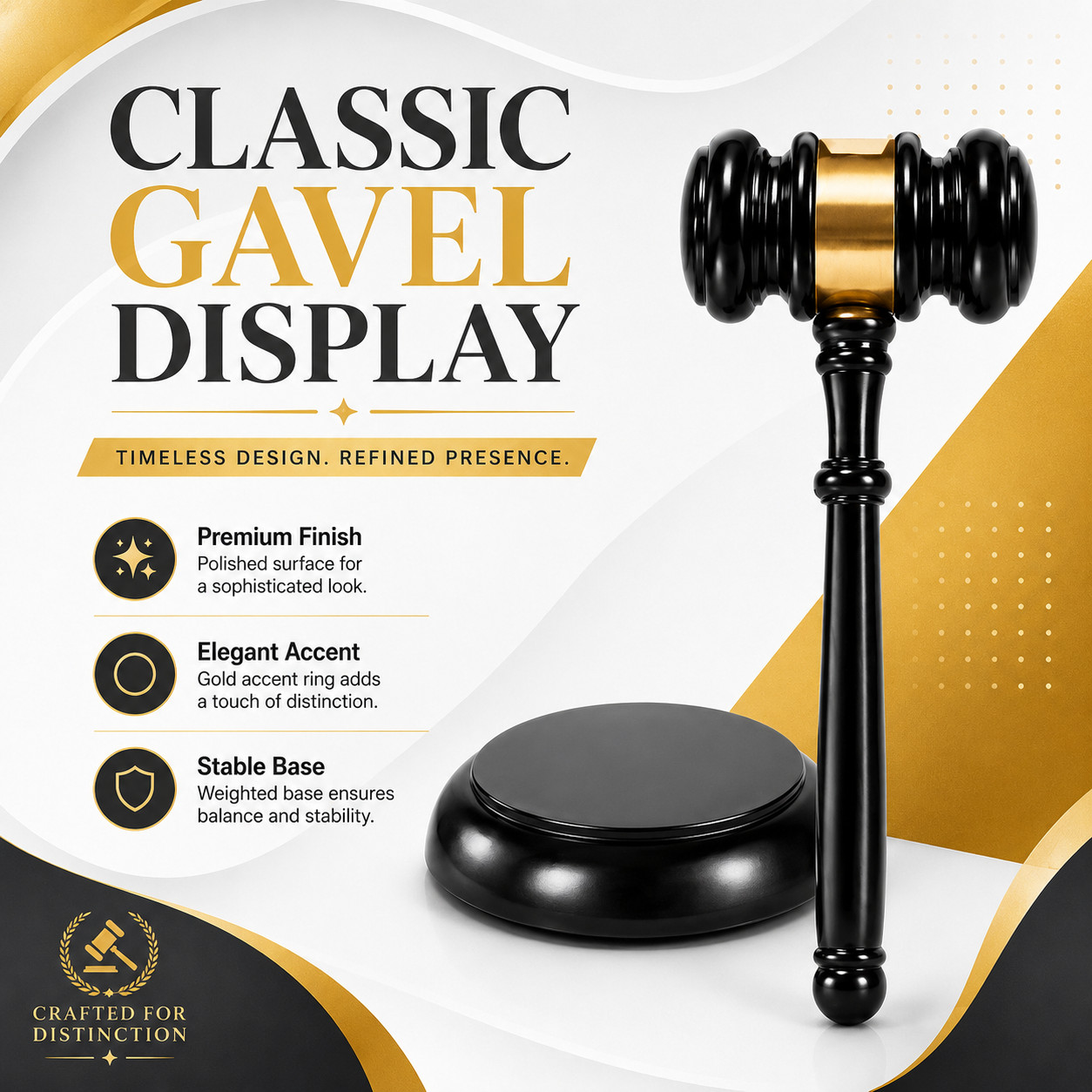 Decorative Courtroom Gavel Set with Polished Finish and Stable Display Base