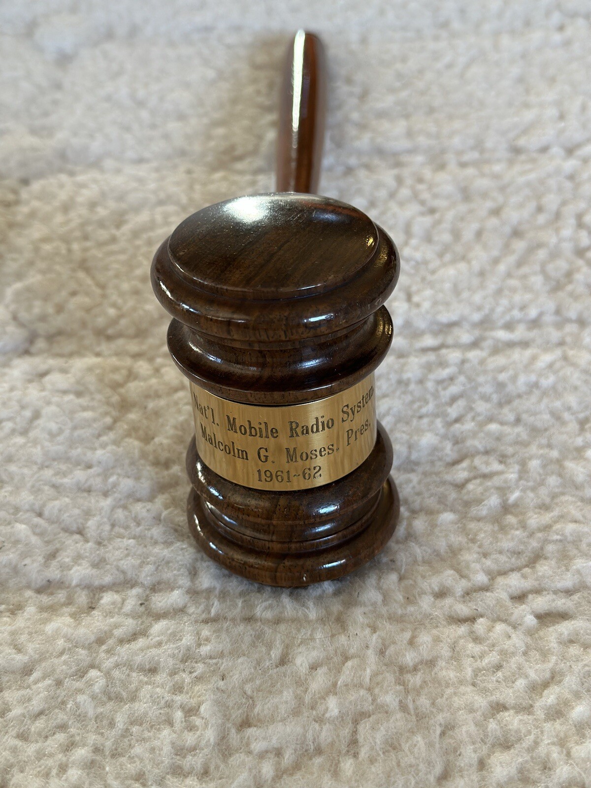 Vintage Wood National Mobil Radio Systems Judges Gavel with brass plate Engraved