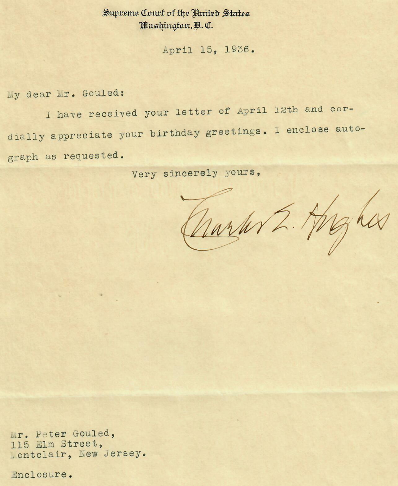 «Supreme Court Chief Justice» Charles Hughes Hand Signed TLS Dated 1936