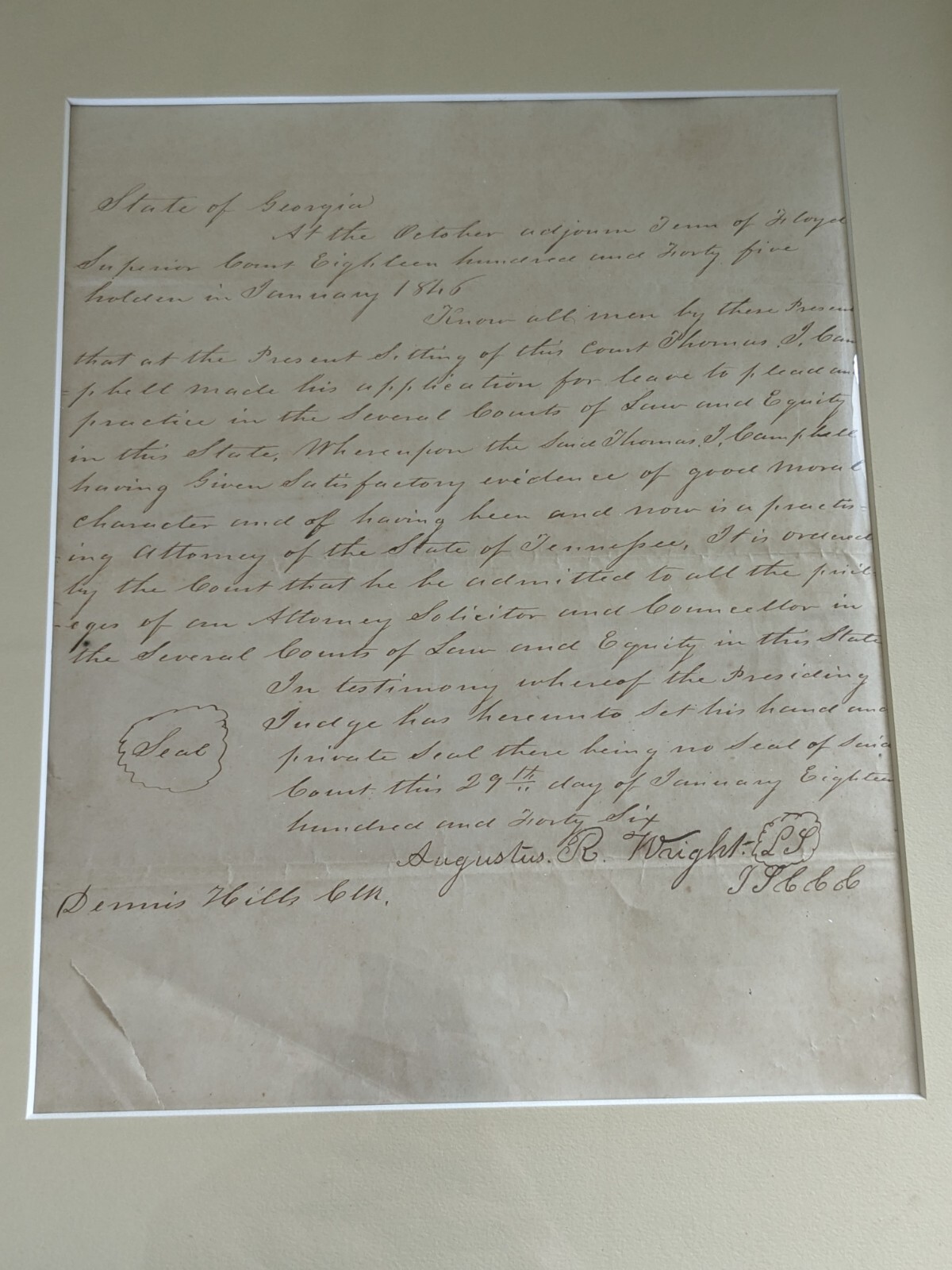 1845 Thomas Jefferson Campbell Handwritten Lawyer Authorization Papers Antique