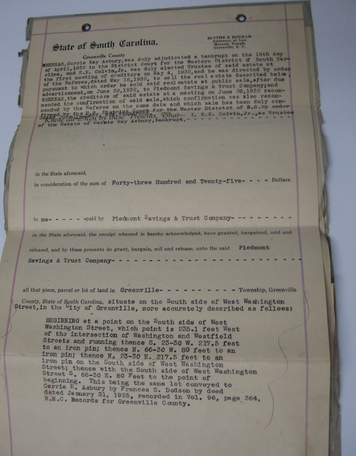 1932 Signed Bankruptcy Document Col. E. M. Blythe Attorney, Greenville, SC
