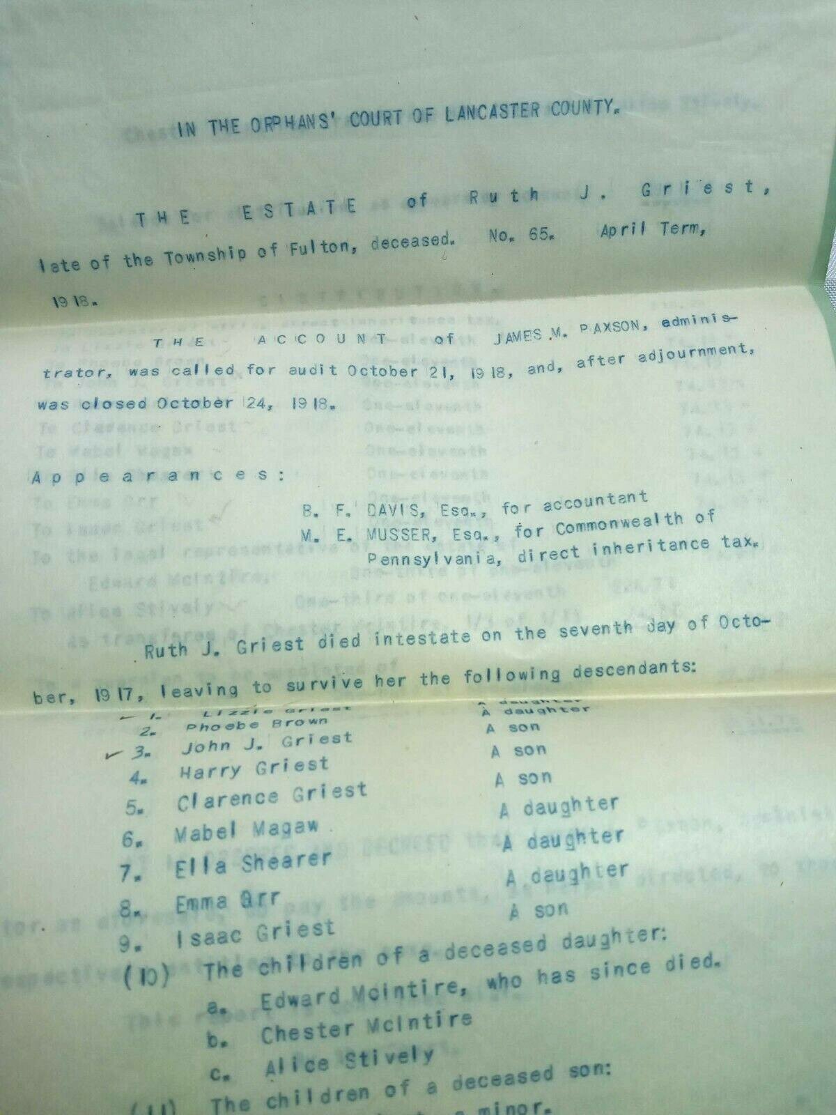 Vintage 1918 Estate Settlement Orphans Court Little Britain Lancaster County PA