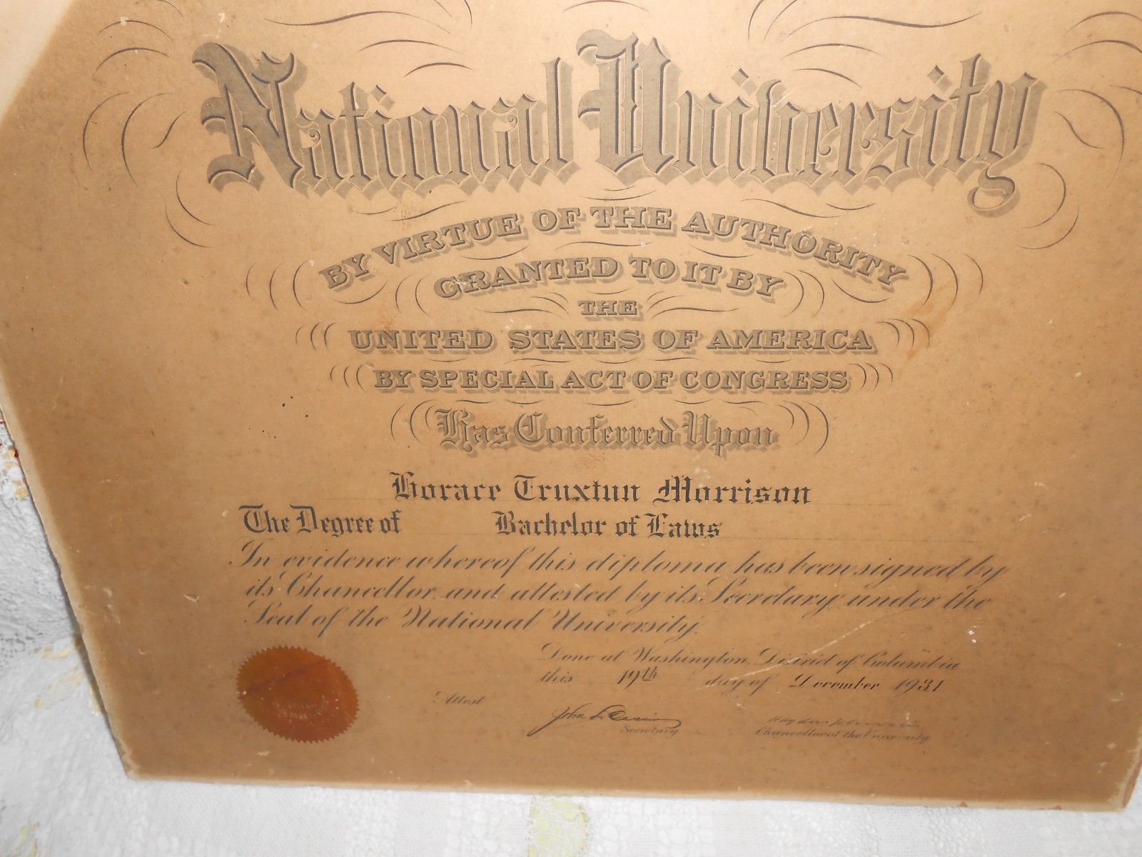 Antique Vintage 1931 NATIONAL UNIVERSITY LAW DEGREE Horace Truxton Morrison