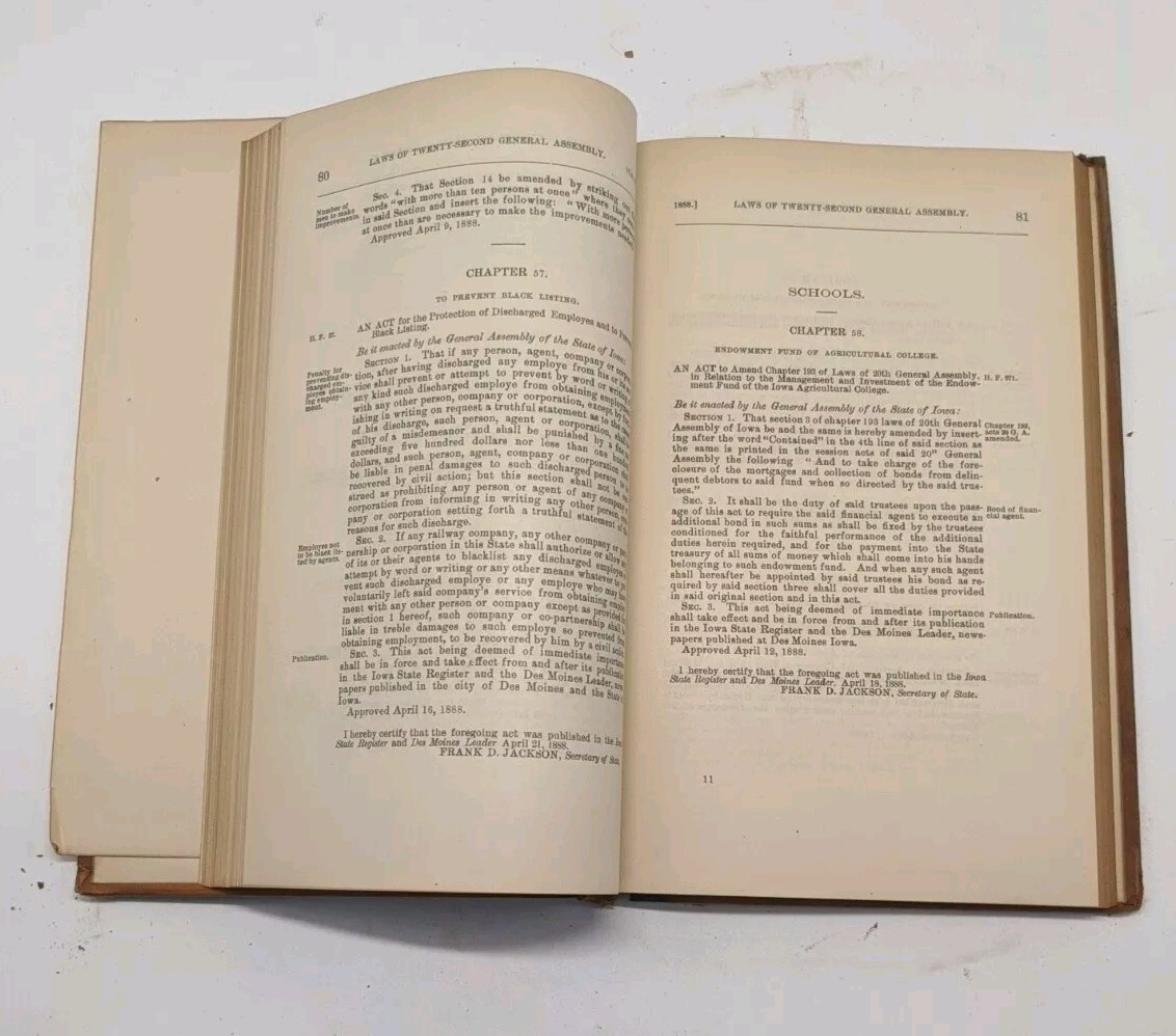 Laws Of Iowa Acts And Resolutions 1886, 1889, 1892. Three Hardcover Book Lot