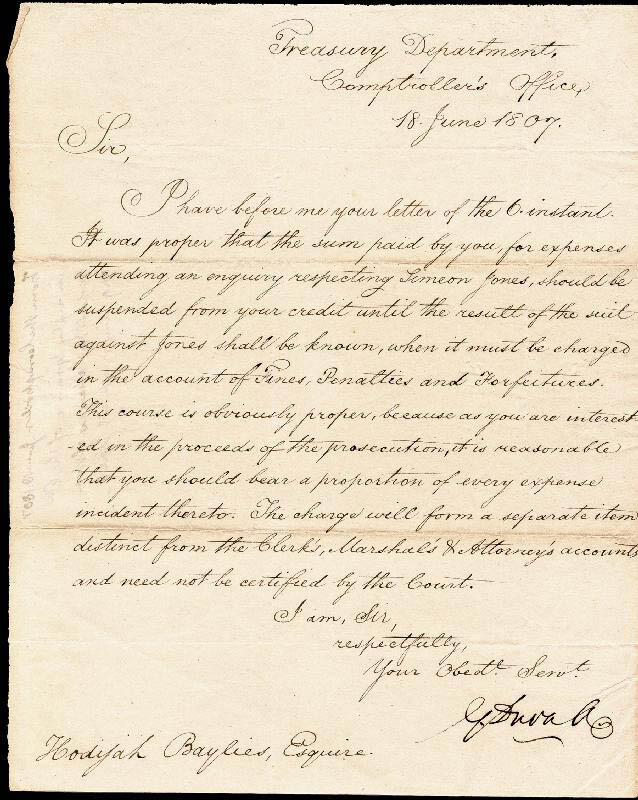 GABRIEL DUVALL – MANUSCRIPT LETTER SIGNED 06/18/1807