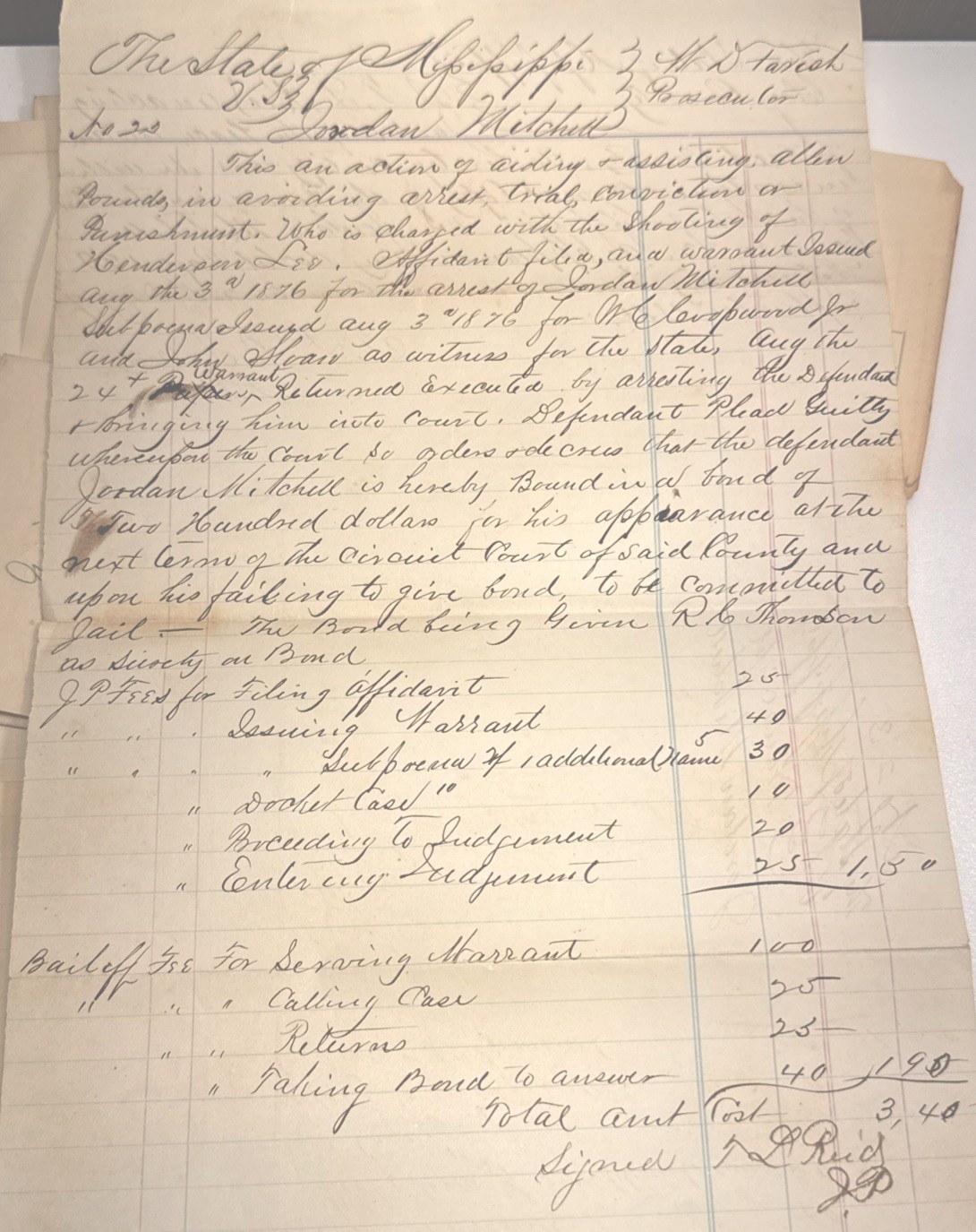 1876 Mississippi Original Case Document Aiding a Fugitive After Officer Shooting