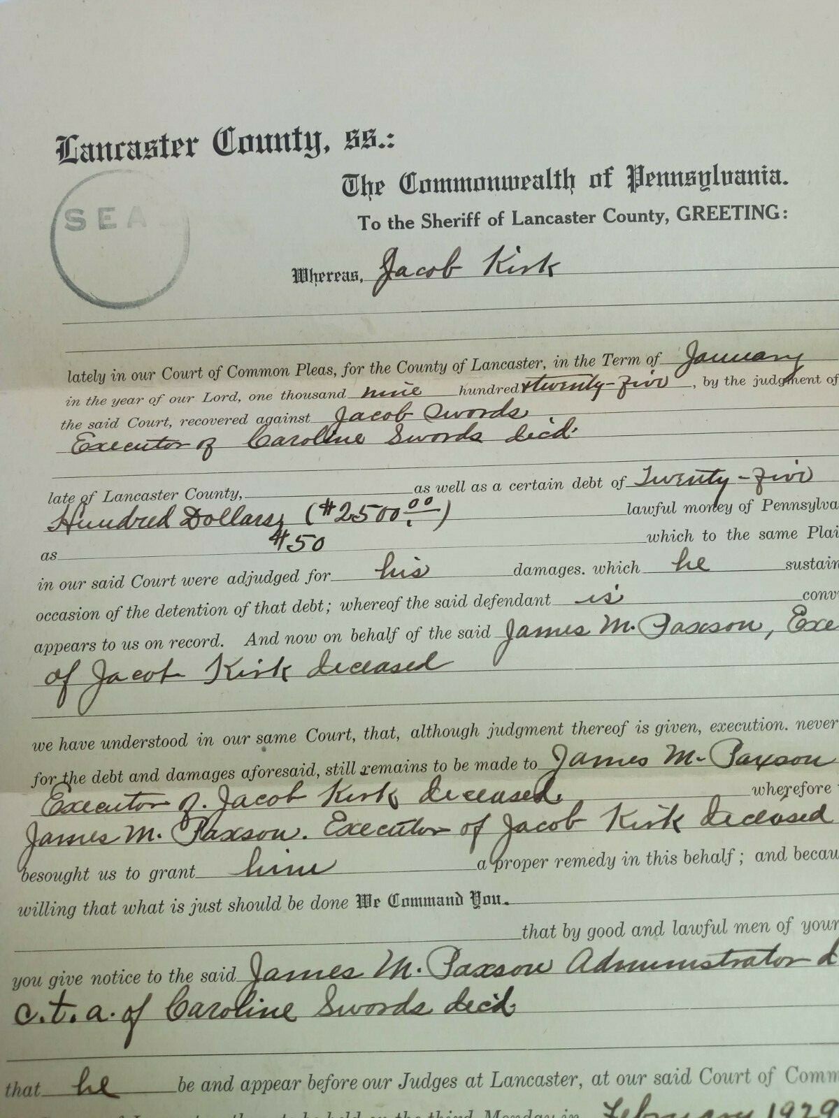 Vintage 1932 Adjudication of Will Little Britain Township Lancaster County of PA