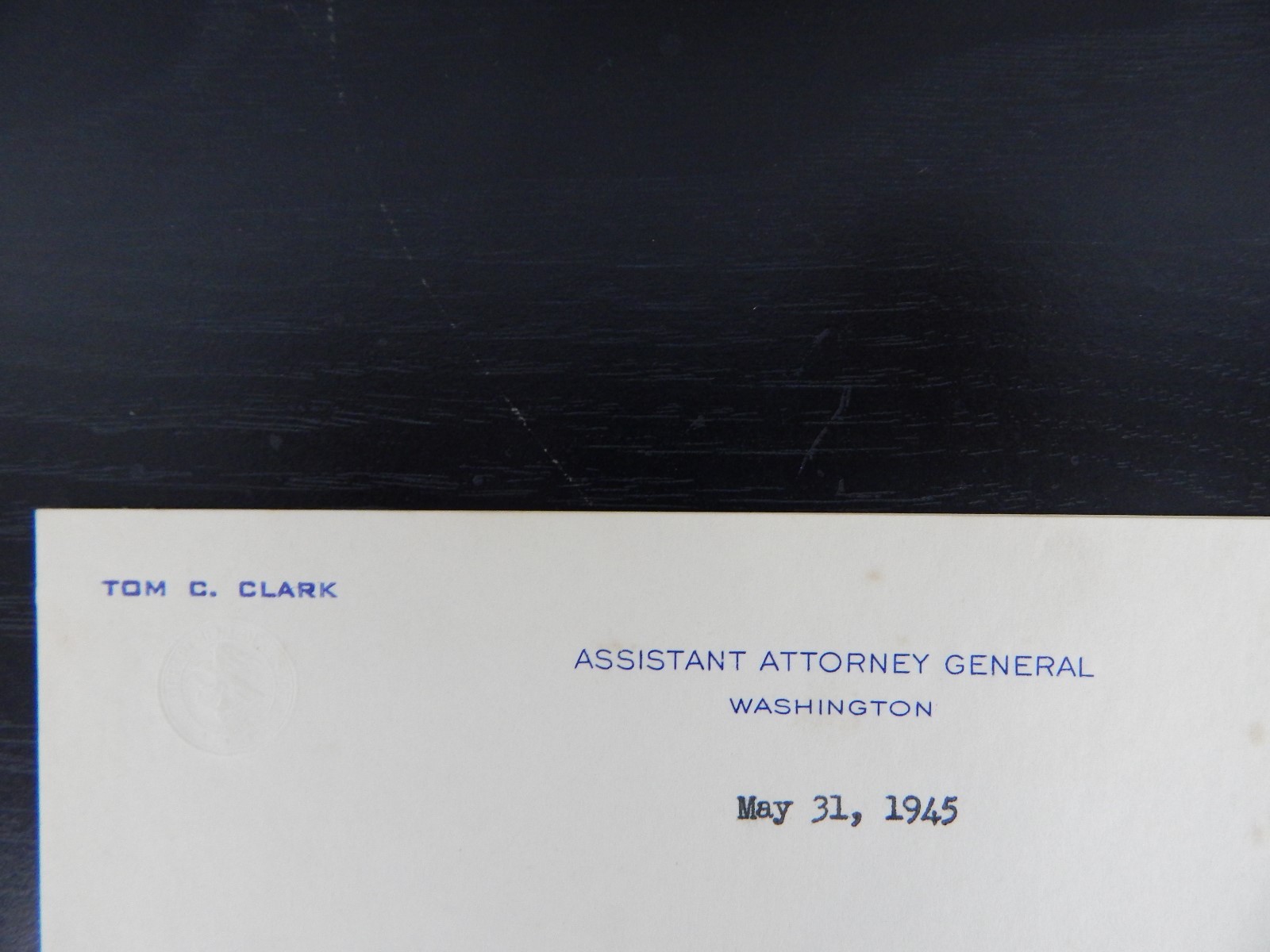 “Supreme Court Justice” Tom C Clark Signed TLS Dated 1945 COA