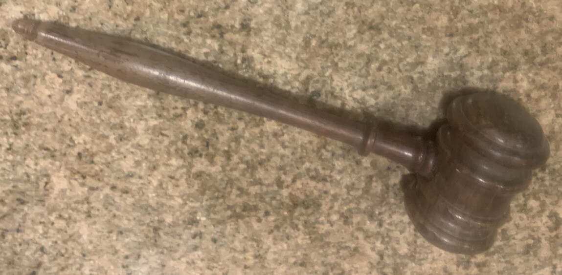 Vintage ornate turned wood gavel spindle 10” dark grained wooden rosewood? Judge