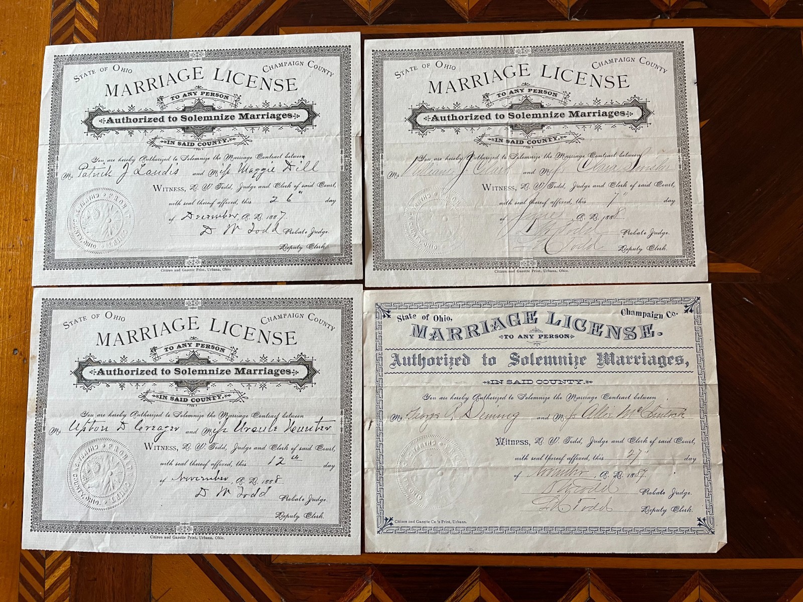 Lot of 4 Antique Marriage Licenses Champaign County Ohio Dated 1887-1889
