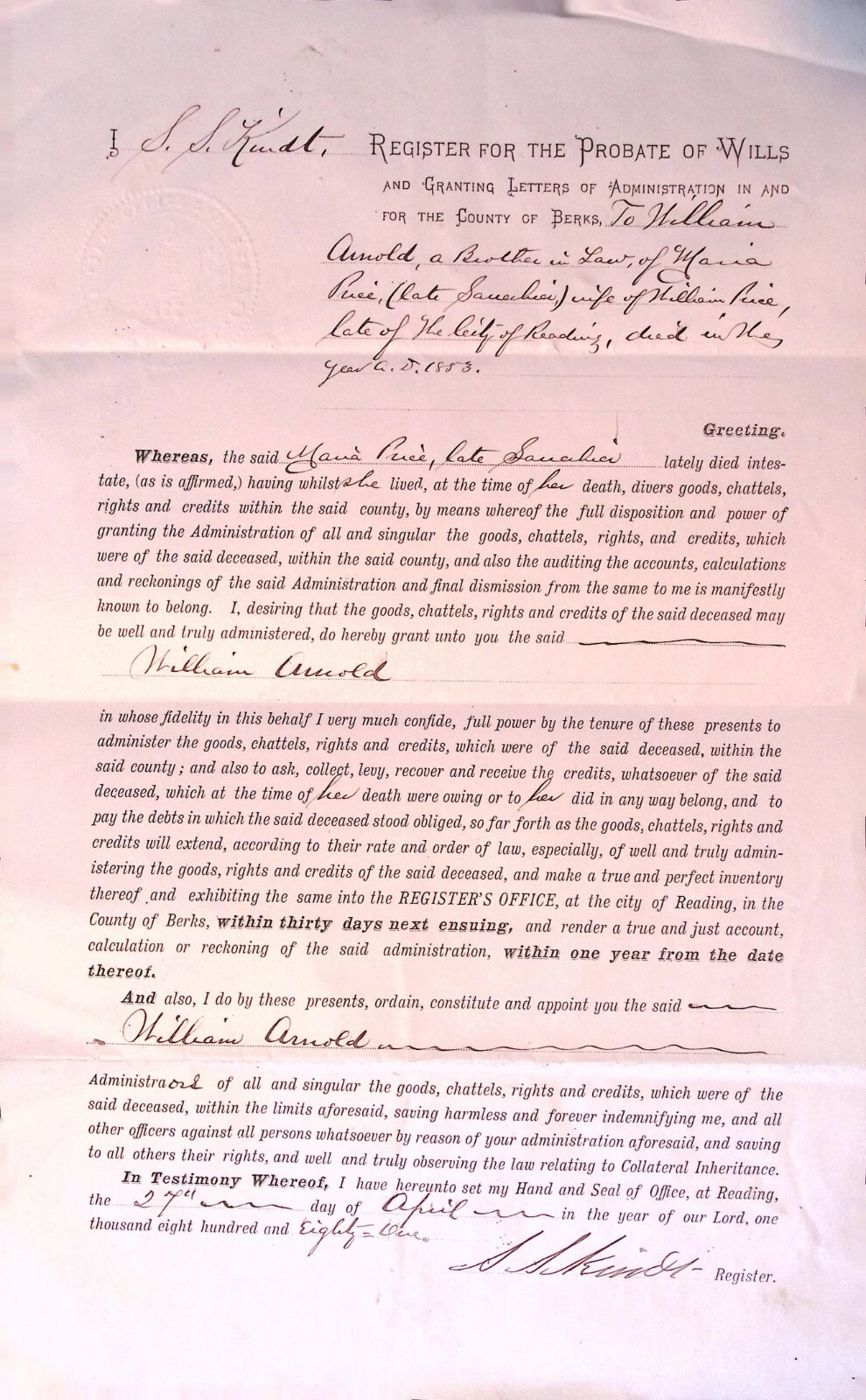 1883 Berks PA Letter of Administration Maria Price Estate William Arnold Legal