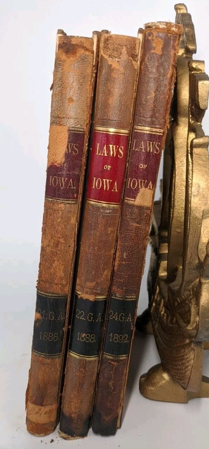 Laws Of Iowa Acts And Resolutions 1886, 1889, 1892. Three Hardcover Book Lot