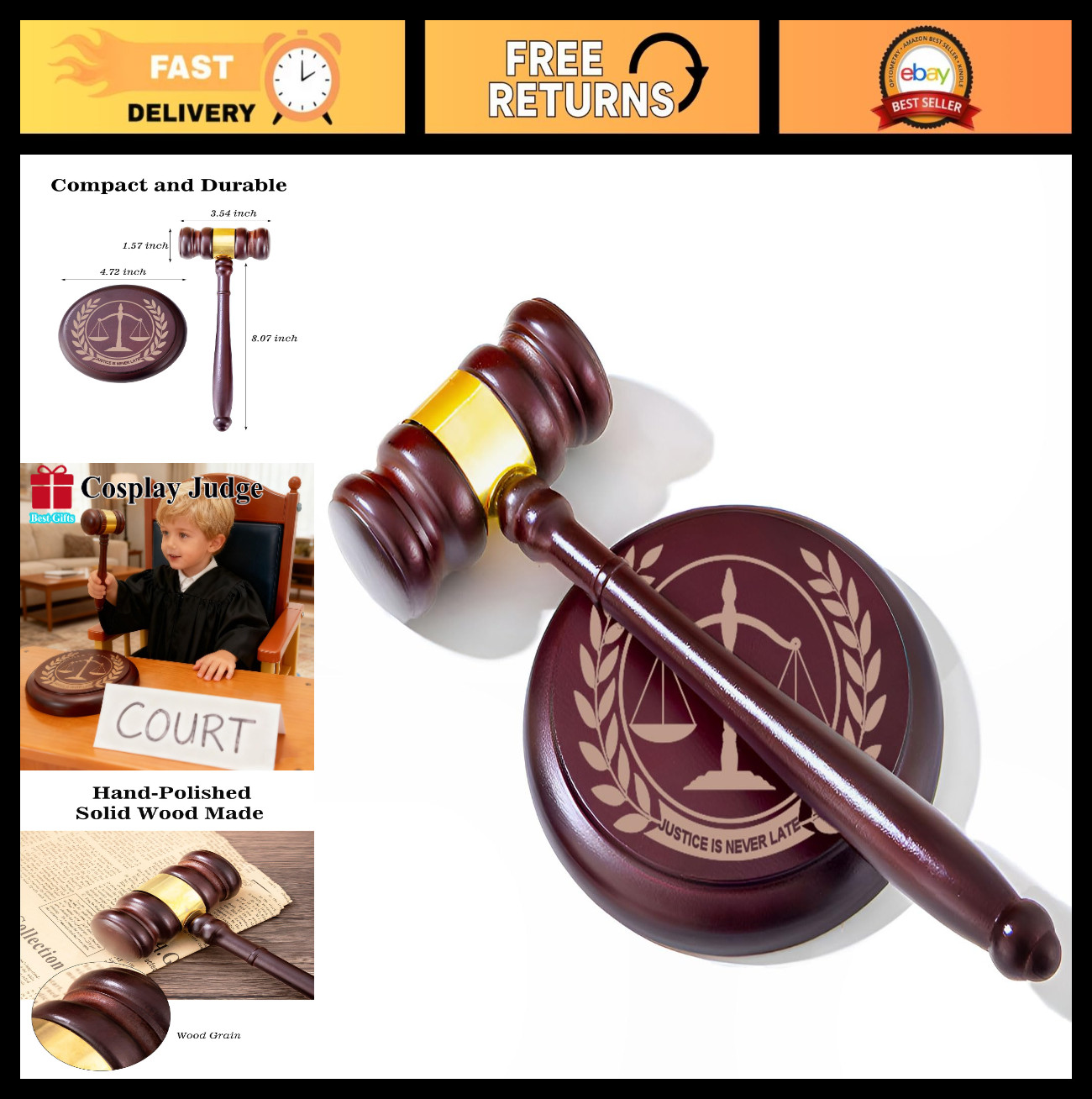 Wooden Gavel & Sound Block Set – Judge’s Gavel for Court, Meetings, Auctions, Pr