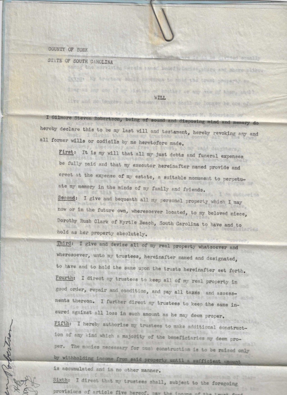 5 Vintage 1911 – 1949 STATE OF SOUTH CAROLINA Legal Documents: Will, Probate,