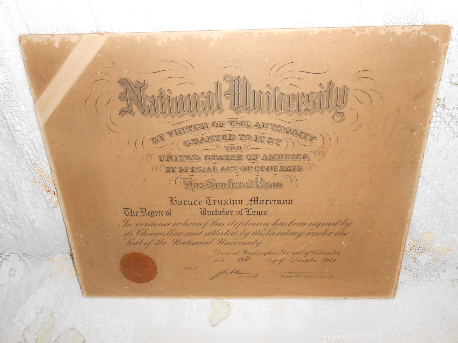 Antique Vintage 1931 NATIONAL UNIVERSITY LAW DEGREE Horace Truxton Morrison