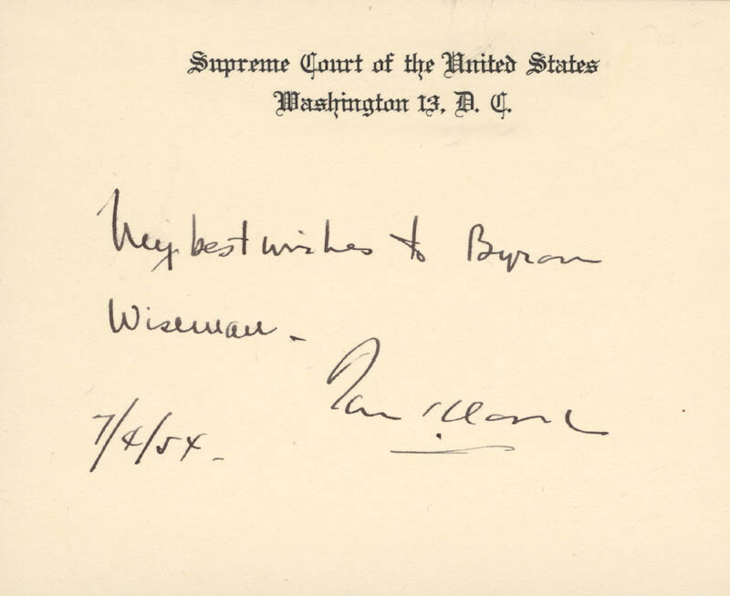 TOM C. CLARK – AUTOGRAPH NOTE ON SUPREME COURT CARD SIGNED 07/04/1954