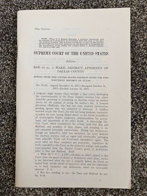 Original 1973 Landmark RARE Slip Opinion ROE v. WADE – Abortion US Supreme Court