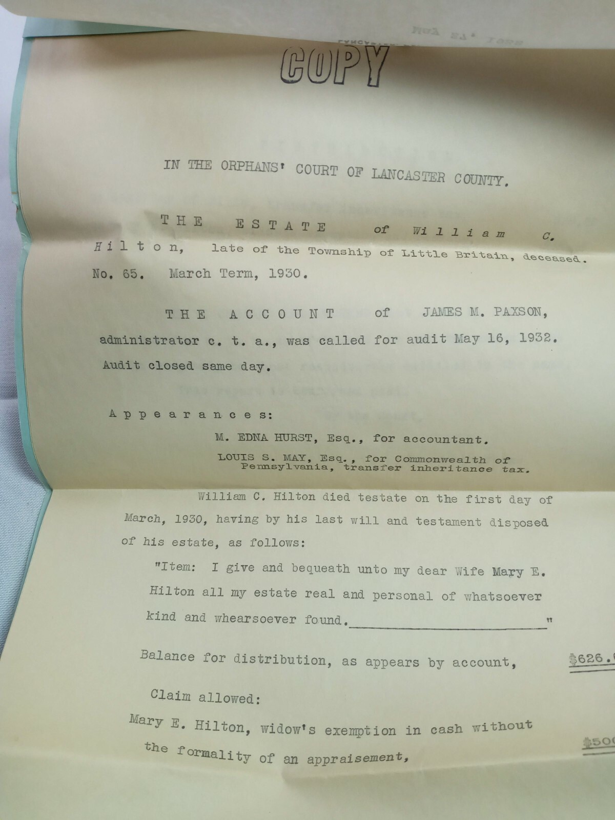 Vintage 1932 Adjudication of Will Little Britain Township Lancaster County of PA