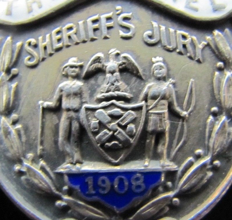 1908 SHERRIF’S JURY Sterling Silver White Blue Enamel Pinback Medallion Pin