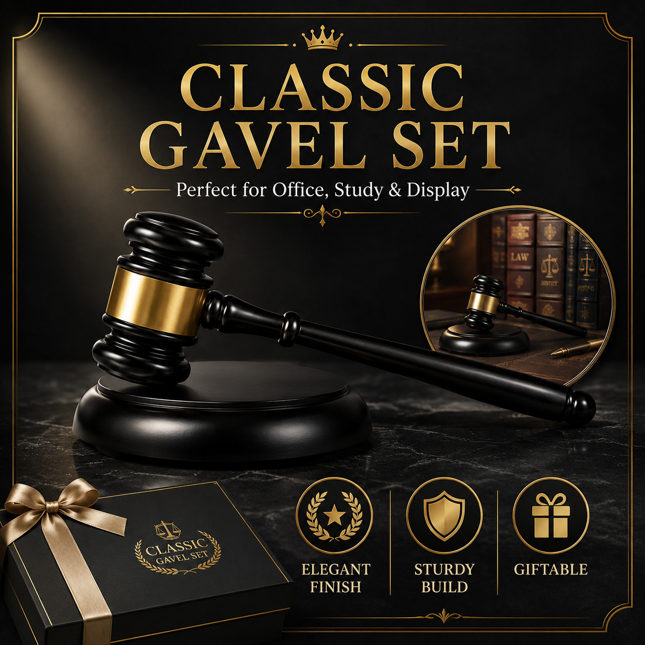 Judge Gavel Set with Base Black Gold Law Office Desk Decor Gift Display Piece US