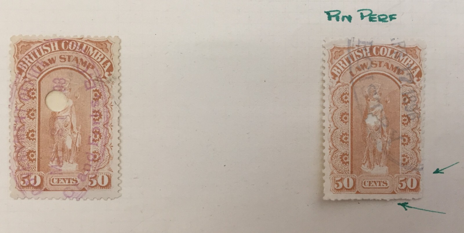 Lot of 2 British Columbia Canada 1891 1901 Law Revenue Stamps – Pin Perf 50 cent